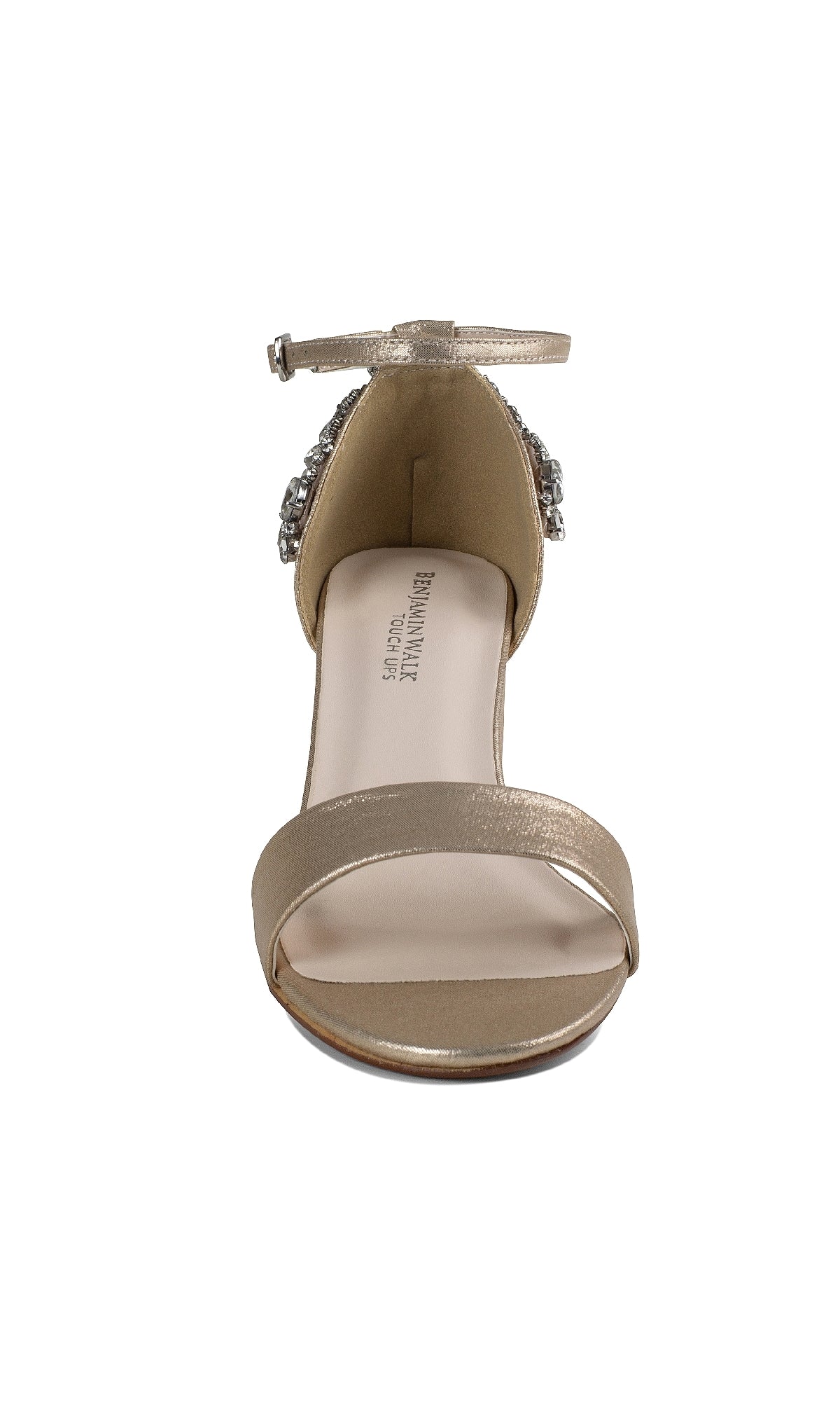 Front view of Olivia Champagne Shimmer Prom Shoes: Touch Ups 4637, a gold open-toe sandal with ankle strap and jeweled heel detailing, shown on a white background—ideal for proms and elegant occasions.